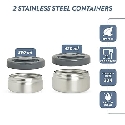 Borosil Hot-N-Fresh Prime Stainless Steel Insulated Lunch Box, Keeps food warm upto 8 Hours, Set of 2 (420 ml + 420 ml), Grey