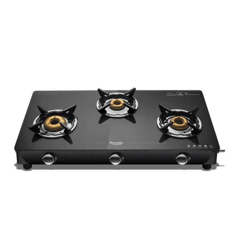 Preethi Valentino Glass top 3 Burner Gas Stove, Manual Ignition, Black ISI Approved Preethi Valentino Glass top 3 Burner Gas Stove, Manual Ignition, Black ISI Approved