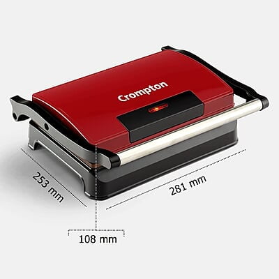 Crompton QuickServe 2 Slice Panini Maker with Floating Hinges 700W Sandwich Maker Golden Food Grade Non-Stick Coating Plates Sandwich Maker