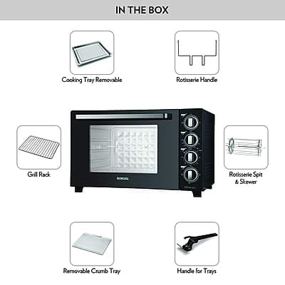 Borosil Prima 60 L Oven Toaster & Grill, Motorised Rotisserie & Convection Heating, 12 Heating Modes, Black Borosil Prima 60 L Oven Toaster & Grill, Motorised Rotisserie & Convection Heating, 12 Heating Modes, Black