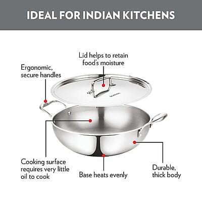 Borosil Cookfresh Triply Stainless Steel 3.6 L (26 Cm) Kadhai with Steel Handle| SS304 Food Grade Steel Borosil Cookfresh Triply Stainless Steel 3.6 L (26 Cm) Kadhai with Steel Handle| SS304 Food Grade Steel