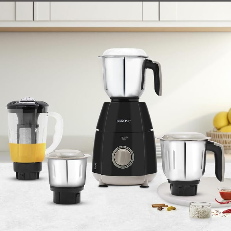 Borosil 750W Infinity Mixer Grinder with 4 Stainless Steel Jars (1.5L Jar with Fruit Filter, 1.5L Blending Jar, 1L Dry/Wet Grinder Jar, 400ml Chutnery Jar), Kitchen Mixie, 5 Years Warranty on Motor Borosil 750W Infinity Mixer Grinder with 4 Stainless Steel Jars (1.5L Jar with Fruit Filter, 1.5L Blending Jar, 1L Dry/Wet Grinder Jar, 400ml Chutnery Jar), Kitchen Mixie, 5 Years Warranty on Motor