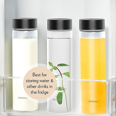Borosil Neo Glass Water Bottle with Black Stainless Steel Lid | 550ml, Borosilicate Glass, Extreme Temperature Resistant, For Hot & Cold | Bottle for Water, Milk, Lassi, Juice | Transparent (2 pc Set) Borosil Neo Glass Water Bottle with Black Stainless Steel Lid | 550ml, Borosilicate Glass, Extreme Temperature Resistant, For Hot & Cold | Bottle for Water, Milk, Lassi, Juice | Transparent (2 pc Set)