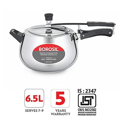Borosil Pronto Induction Base Inner Lid Stainless Steel Pressure Cooker, 6.8 mm Thick Base, 6.5 L Borosil Pronto Induction Base Inner Lid Stainless Steel Pressure Cooker, 6.8 mm Thick Base, 6.5 L