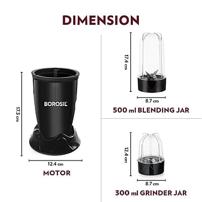 Borosil NutriFresh Portable Mini-Blender & Grinder, 500 ml Blending Jar, 300 ml Chutney Jar, For Blending Smoothies & Chutneys, Dry Grinding Spices, Black, 400 W