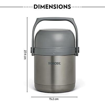 Borosil Hot-N-Fresh Prime Stainless Steel Insulated Lunch Box, Keeps food warm upto 8 Hours, Set of 2 (420 ml + 420 ml), Grey