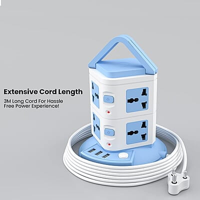 Portronics Power Plate 9 with 3 USB Ports + 8 Power Sockets Power Converter, 2500W Power Output, 2.1A USB Charging Port, 3M Cord Length