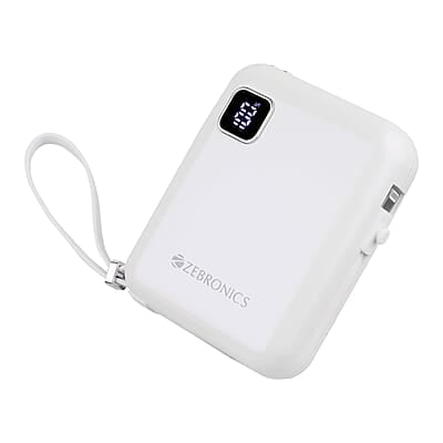 ZEBRONICS MW64 Compact Power Bank, 10000 mAh, Rapid Charge, 22.5W Output, Outputs - Type C Cable | Type C Port | Lightning Port, Percentage Indicator ZEBRONICS MW64 Compact Power Bank, 10000 mAh, Rapid Charge, 22.5W Output, Outputs - Type C Cable | Type C Port | Lightning Port, Percentage Indicator