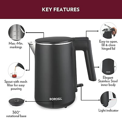 Borosil Cooltouch Electric Kettle, Stainless Steel Inner Body, Boil Water For Tea, Coffee, Soup, 1 L, Borosil Cooltouch Electric Kettle, Stainless Steel Inner Body, Boil Water For Tea, Coffee, Soup, 1 L,
