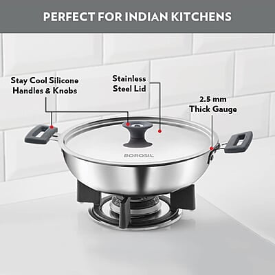 Borosil Cookfresh Tri-ply Stainless Steel Kadhai with Lid, Induction Friendly, 4 L, 28 cm Dia Borosil Cookfresh Tri-ply Stainless Steel Kadhai with Lid, Induction Friendly, 4 L, 28 cm Dia