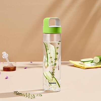 Borosil - Neo Glass Water Bottle|Fridge Bottle|Sports Bottle|Yoga Bottle|Outdoor|Picnic|Portable|Easy to Carry|Leak Proof|Resusable With Blue Handle, Transparent, Clear, See Through Bottle, 550 ML