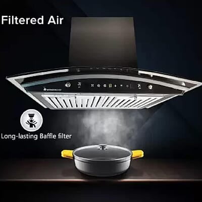 Wonderchef Power Curve Wall-Mount Chimney Auto Clean Function 1200M3/H Suction Capacity 3 Speed Motion SS Baffle filter Wonderchef Power Curve Wall-Mount Chimney Auto Clean Function 1200M3/H Suction Capacity 3 Speed Motion SS Baffle filter