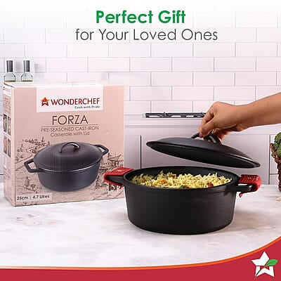 Wonderchef Forza 25 cm Cast-Iron Casserole with Lid Pre-Seasoned Cookware 4.7 L
