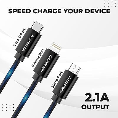 Ambrane Unbreakable 3 in 1 USB Fast Charging Cable with Type C, Lightning, Micro USB Port with 2.1 A Ambrane Unbreakable 3 in 1 USB Fast Charging Cable with Type C, Lightning, Micro USB Port with 2.1 A