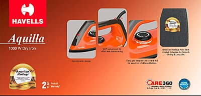 Havells Dry Iron Aquilla 1000W Iron Press German Technology Non Sick Coated Sole Plate