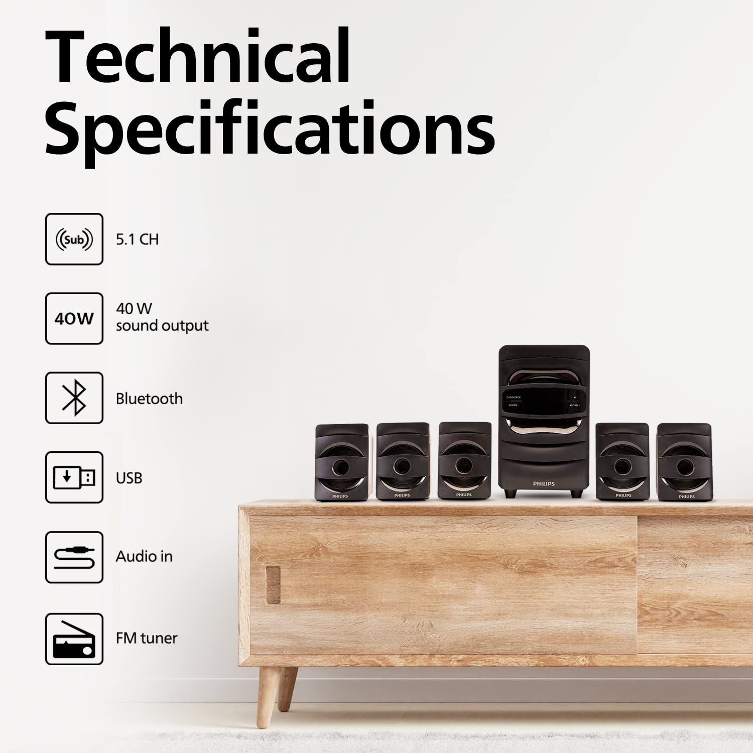 PHILIPS Audio SPA5128B 5.1 CH 40W Bluetooth Multimedia Speakers PHILIPS Audio SPA5128B 5.1 CH 40W Bluetooth Multimedia Speakers