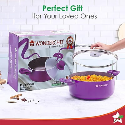 Wonderchef Royal Velvet 24cm Casserole with Glass Lid Virgin Aluminium 3 mm thick 4.5 litres Wonderchef Royal Velvet 24cm Casserole with Glass Lid Virgin Aluminium 3 mm thick 4.5 litres