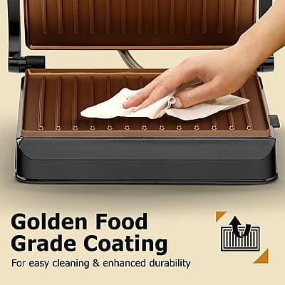 Crompton QuickServe 2 Slice Panini Maker with Floating Hinges 700W Sandwich Maker Golden Food Grade Non-Stick Coating Plates Sandwich Maker