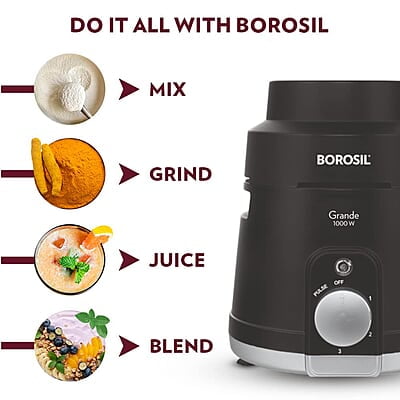Borosil Grande 1000 W Mixer Grinder, With Double Ball Bearings, 4 Jars (3 SS Jars (1.5 L Blending Jar, 1.2 L Dry/Wet Grinder, 400 ml Chutney Jar) & 1 PC Jar with Fruit Filter) Mixie For Kitchen Borosil Grande 1000 W Mixer Grinder, With Double Ball Bearings, 4 Jars (3 SS Jars (1.5 L Blending Jar, 1.2 L Dry/Wet Grinder, 400 ml Chutney Jar) & 1 PC Jar with Fruit Filter) Mixie For Kitchen