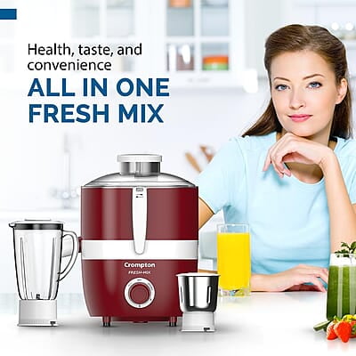 Cromptons Fresh-MIX, Juicer Mixer Grinder (2 Jars, High grade Stainless Steel mesh, unbreakable polycarbonate jar lids)