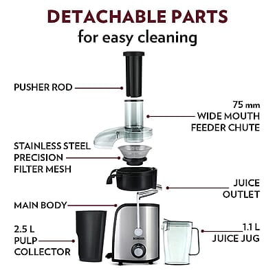 Borosil Primus Plus Juicer, 800 W, Stainless Steel Centrifugal Juicer, 1.1 L Juice Jug, 75 mm Feed Chute, Black
