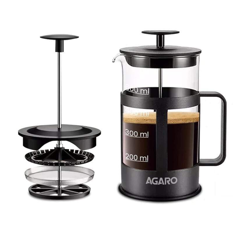 AGARO Delite French Press Coffee And Tea Maker, Borosilicate Glass Body With Sleeves, Glass Carafe, BPA Free Plastic Lid Strainer, 600Ml AGARO Delite French Press Coffee And Tea Maker, Borosilicate Glass Body With Sleeves, Glass Carafe, BPA Free Plastic Lid Strainer, 600Ml