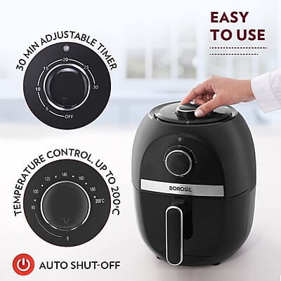 Borosil Best Air Fryer, Air Fryer for Home, Timer Selection, Adjustable Temp Control, 2.8 L Capacity Borosil Best Air Fryer, Air Fryer for Home, Timer Selection, Adjustable Temp Control, 2.8 L Capacity