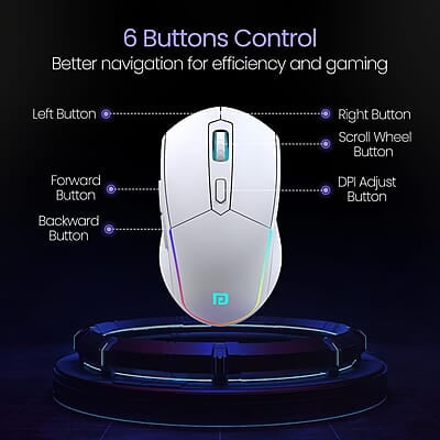 Portronics Toad One Bluetooth Mouse with 2.4 GHz & BT 5.3 Dual Wireless, 6 Buttons, Rechargeable, RGB Lights, Connect 3 Devices, Ergonomic Design for Laptop, Smartphone, Tablet
