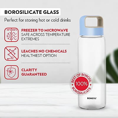 Borosil Crysto Wide Mouth Glass Water Bottle with Blue Lid | 750ml, Borosilicate Glass, Leakproof, Easy to Carry, Fridge & Dishwasher Safe | Can Use For, Lassi, Juice, Smoothies Borosil Crysto Wide Mouth Glass Water Bottle with Blue Lid | 750ml, Borosilicate Glass, Leakproof, Easy to Carry, Fridge & Dishwasher Safe | Can Use For, Lassi, Juice, Smoothies