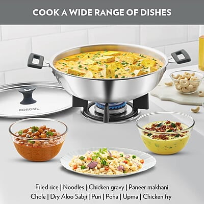Borosil Cookfresh Tri-ply Stainless Steel Kadhai with Lid, Induction Friendly, 4 L, 28 cm Dia Borosil Cookfresh Tri-ply Stainless Steel Kadhai with Lid, Induction Friendly, 4 L, 28 cm Dia
