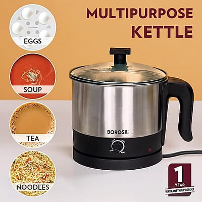 Borosil 1 L 600W Stainless Steel Omni Electric Kettle with Egg and Momo Tray | Water Heater Jug | Auto Cut-off, Overheat & Dry Boil Protection | Multipurpose Kettle | 1 Year Warranty