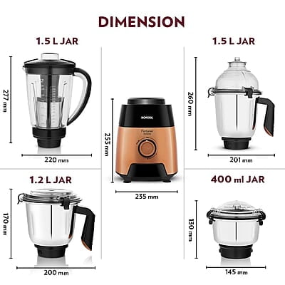 Borosil Fortuner Mixer Grinder Blender Juicer, Copper Motor, For Wet/Dry Mixing & Grinding, Blending Smoothies & Juicing Fruits 1000 Watts, 4 Jars (0.4L+1L+1.2L) (1.5L+1.5L+1.2L+0.4L) Borosil Fortuner Mixer Grinder Blender Juicer, Copper Motor, For Wet/Dry Mixing & Grinding, Blending Smoothies & Juicing Fruits 1000 Watts, 4 Jars (0.4L+1L+1.2L) (1.5L+1.5L+1.2L+0.4L)