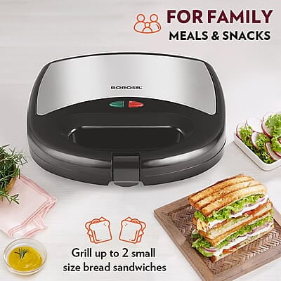 Borosil Neo Grill 2.0, 750 Watt, Bread Sandwich Maker, Makes 2 Sandwiches, Non-stick Grill plates opens 105°, For Snacks and Breakfast Borosil Neo Grill 2.0, 750 Watt, Bread Sandwich Maker, Makes 2 Sandwiches, Non-stick Grill plates opens 105°, For Snacks and Breakfast