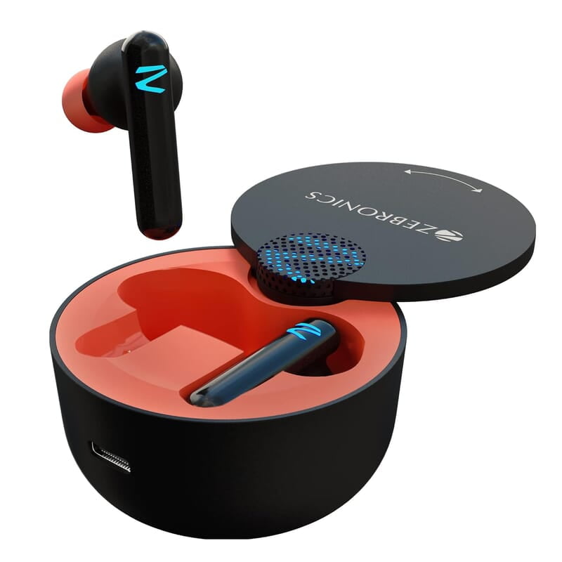 Zebronics Sound Bomb G1 Gaming Bluetooth True Wireless Stereo in Ear Earbuds, 50Ms Low Latency, AAC Support, Flash Connect, Deep Bass, Splash Proof, Voice Assistant, Bt V5.0 with Mic Zebronics Sound Bomb G1 Gaming Bluetooth True Wireless Stereo in Ear Earbuds, 50Ms Low Latency, AAC Support, Flash Connect, Deep Bass, Splash Proof, Voice Assistant, Bt V5.0 with Mic
