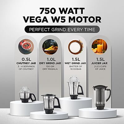 Preethi Steel Supreme MG-208 mixer grinder, 750 watt (Silver/ Black), 4 jars - Super Extractor juicer Jar, Vega W5 Preethi Steel Supreme MG-208 mixer grinder, 750 watt (Silver/ Black), 4 jars - Super Extractor juicer Jar, Vega W5