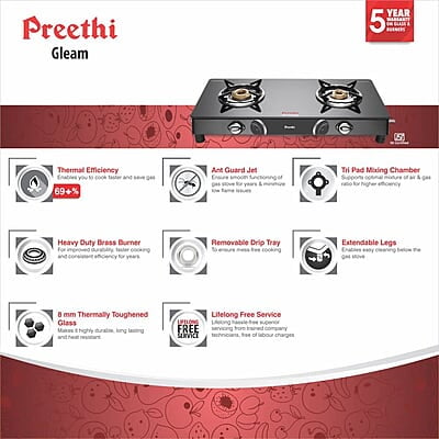Preethi Blu Flame Gleam Glass Top 2-Burner Manual Gas Stove (Black) (ISI Certified) Preethi Blu Flame Gleam Glass Top 2-Burner Manual Gas Stove (Black) (ISI Certified)