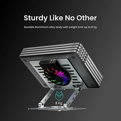 Portronics My Buddy Spinlight Laptop Stand with Cooling Fan, 360° Rotating Base, Adjustable Height Portronics My Buddy Spinlight Laptop Stand with Cooling Fan, 360° Rotating Base, Adjustable Height