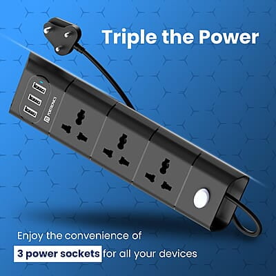Portronics Power Plate II Extension Board - 1500W - 3 USB Ports, 3 Power Sockets, Overload Protection