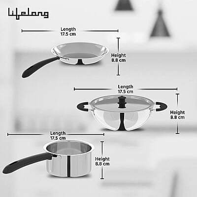 Lifelong 3 pc Cookware 2 Litre Stainless Steel Kadhai with SS Lid 23 CM 1.2 Litre Stainless Steel Sauce Pan 16 CM 1.2 litres Stainless Steel Fry Pan 23 CM