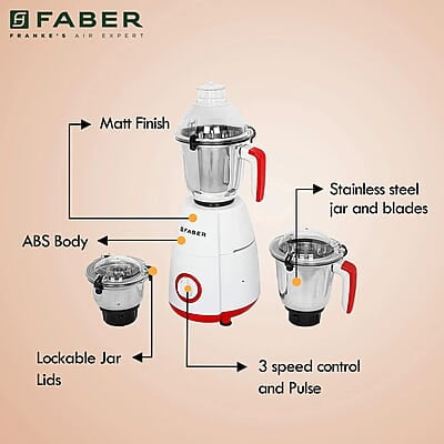 Faber Crown 800W Blender Mixer Grinder, 3 SS clip lock jars and blades copper motor, up to 20000 rpm speed Faber Crown 800W Blender Mixer Grinder, 3 SS clip lock jars and blades copper motor, up to 20000 rpm speed