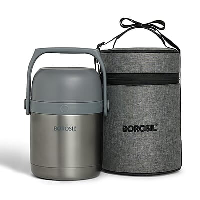 Borosil Hot-N-Fresh Prime Stainless Steel Insulated Lunch Box, Keeps food warm upto 8 Hours, Set of 2 (420 ml + 420 ml), Grey