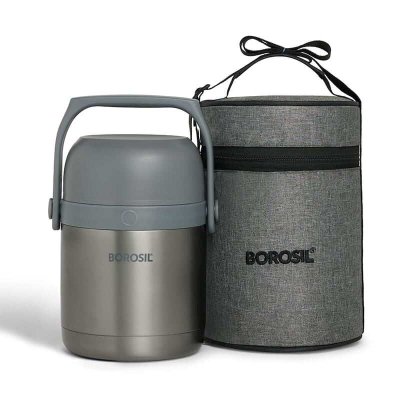 Borosil Hot-N-Fresh Prime Stainless Steel Insulated Lunch Box, Keeps food warm upto 8 Hours, Set of 2 (420 ml + 420 ml), Grey