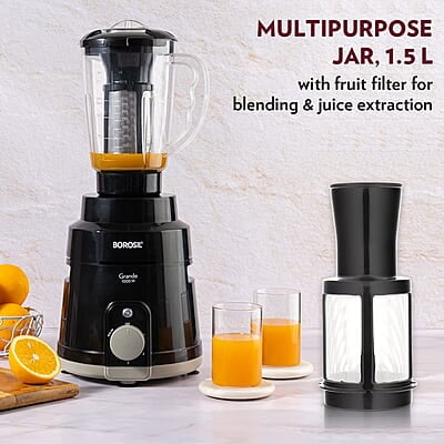 Borosil Grande 1000 W Mixer Grinder, With Double Ball Bearings, 4 Jars (3 SS Jars (1.5 L Blending Jar, 1.2 L Dry/Wet Grinder, 400 ml Chutney Jar) & 1 PC Jar with Fruit Filter) Mixie For Kitchen Borosil Grande 1000 W Mixer Grinder, With Double Ball Bearings, 4 Jars (3 SS Jars (1.5 L Blending Jar, 1.2 L Dry/Wet Grinder, 400 ml Chutney Jar) & 1 PC Jar with Fruit Filter) Mixie For Kitchen
