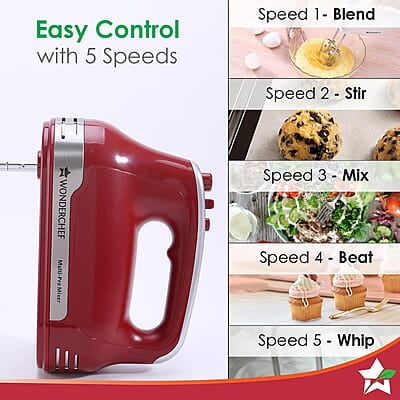 Wonderchef Crimson Edge 5 Speed Electric Hand Mixer 300W SS Whisk Beaters and Dough Hooks Wonderchef Crimson Edge 5 Speed Electric Hand Mixer 300W SS Whisk Beaters and Dough Hooks