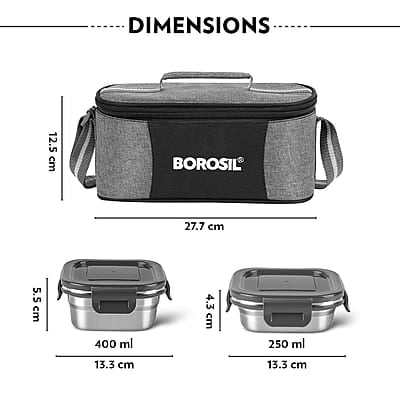 Borosil Feast Stainless Steel Lunch Box with Bag | Set of 4 (400 ml x 2 + 250 ml x 2), Square