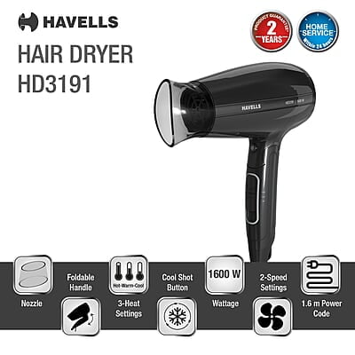 Havells 1600W Unisex Foldable Hair Dryer 2 Heat Settings With Cool Shot (Hot/Warm) Effortless Hair Styling Havells 1600W Unisex Foldable Hair Dryer 2 Heat Settings With Cool Shot (Hot/Warm) Effortless Hair Styling