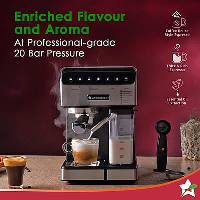 Wonderchef Regenta Automatic Coffee Maker, 20-bar with Auto-Frother, Make Espressos, Cappuccinos & Lattes