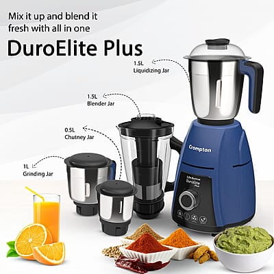 Crompton DuroElite Plus 800 W Mixer Grinder with 4 Jars (3 Stainless Steel Jars+ 1.5L Juicer Jar with Fruit Filter) Crompton DuroElite Plus 800 W Mixer Grinder with 4 Jars (3 Stainless Steel Jars+ 1.5L Juicer Jar with Fruit Filter)