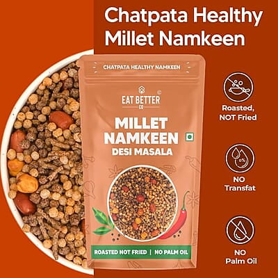 Eat Better Co - Millet Namkeen Combo - Chilli Garlic & Desi Masala - Healthy Snacks - Roasted, Not Fried | No Palm Oil | Healthy Replacement of Chips & Bhujia - Pack of Two - 200 grams Eat Better Co - Millet Namkeen Combo - Chilli Garlic & Desi Masala - Healthy Snacks - Roasted, Not Fried | No Palm Oil | Healthy Replacement of Chips & Bhujia - Pack of Two - 200 grams
