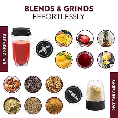 Borosil NutriFresh Portable Mini-Blender & Grinder, 500 ml Blending Jar, 300 ml Chutney Jar, For Blending Smoothies & Chutneys, Dry Grinding Spices, Black, 400 W